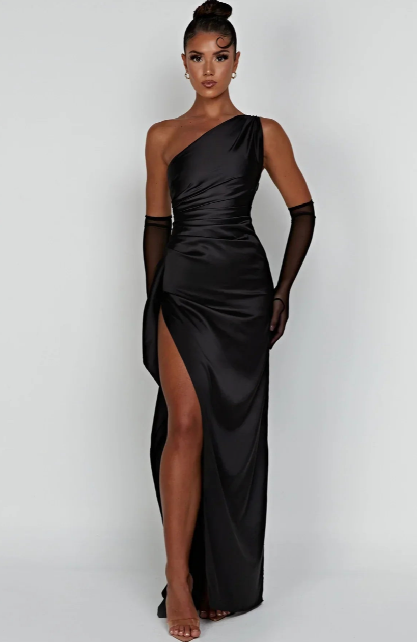 Eva | Geplooide Satijnen Dames Splitjurk met één schouder | Elegante Jurk Modehuis-Nederland