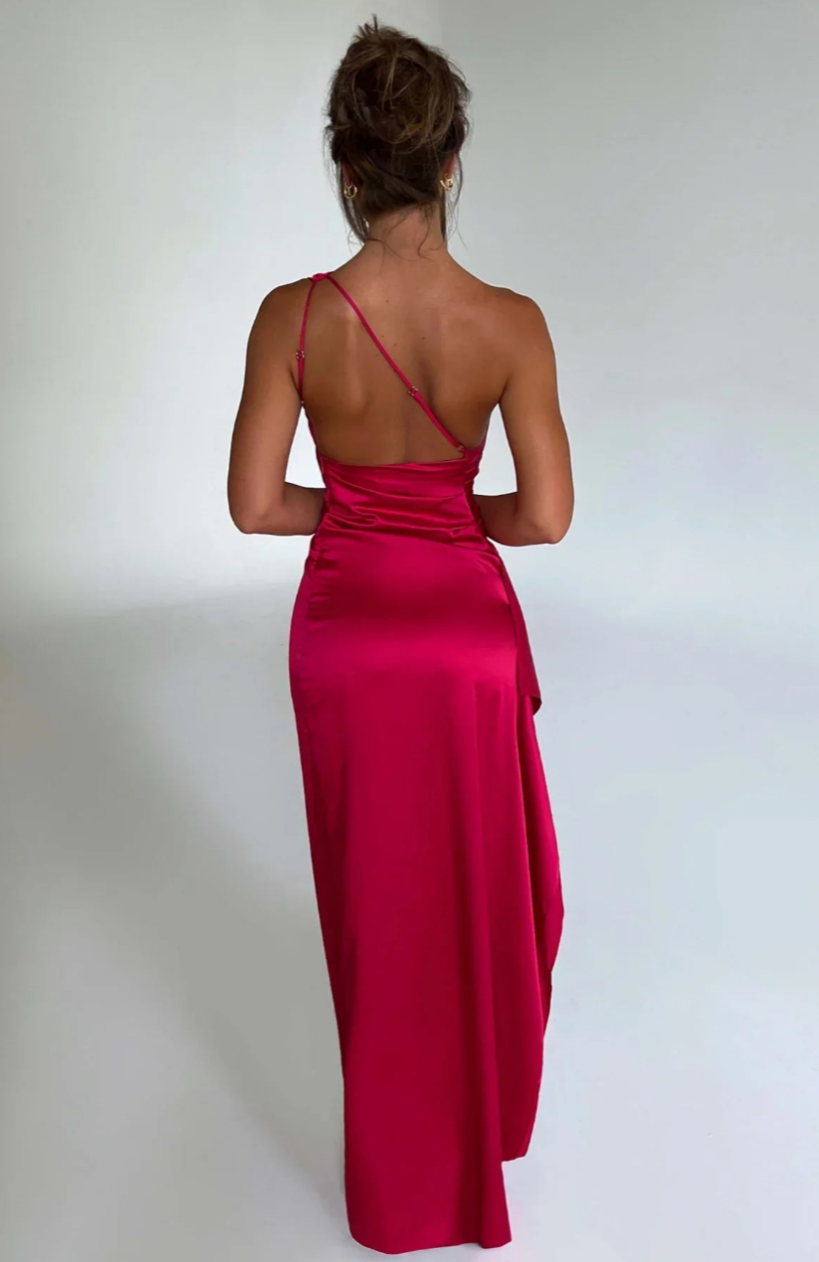 Eva | Geplooide Satijnen Dames Splitjurk met één schouder | Elegante Jurk Modehuis-Nederland