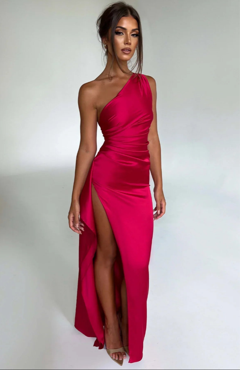 Eva | Geplooide Satijnen Dames Splitjurk met één schouder | Elegante Jurk Modehuis-Nederland