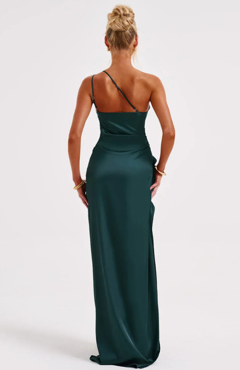 Eva | Geplooide Satijnen Dames Splitjurk met één schouder | Elegante Jurk Modehuis-Nederland