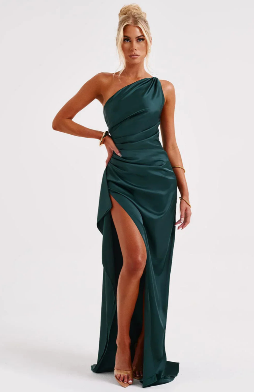 Eva | Geplooide Satijnen Dames Splitjurk met één schouder | Elegante Jurk Modehuis-Nederland