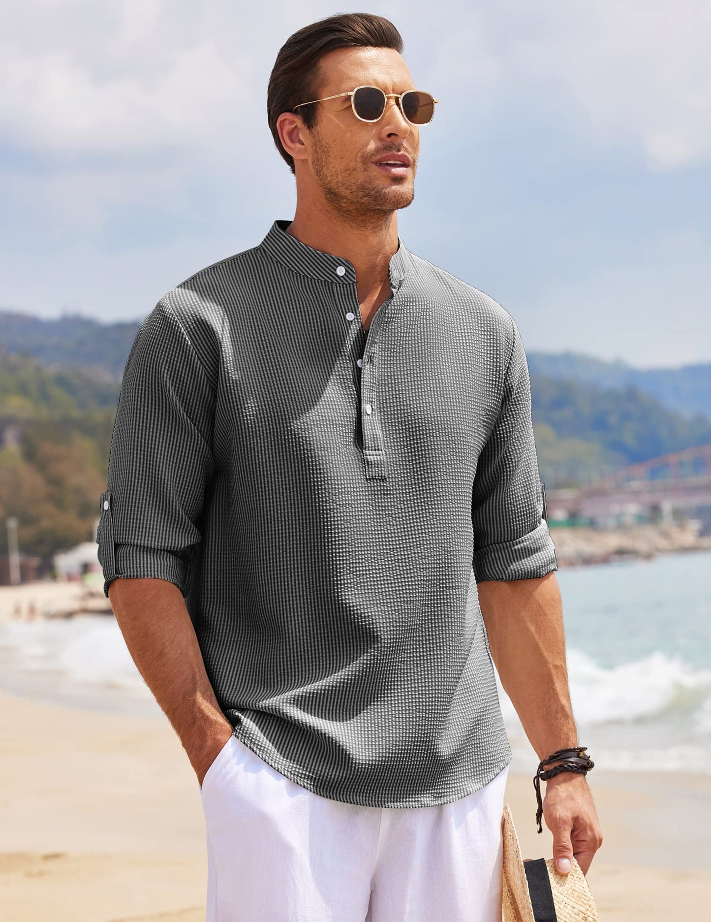 Heren Linnen Henley Overhemd met Lange Mouwen Modehuis-Nederland
