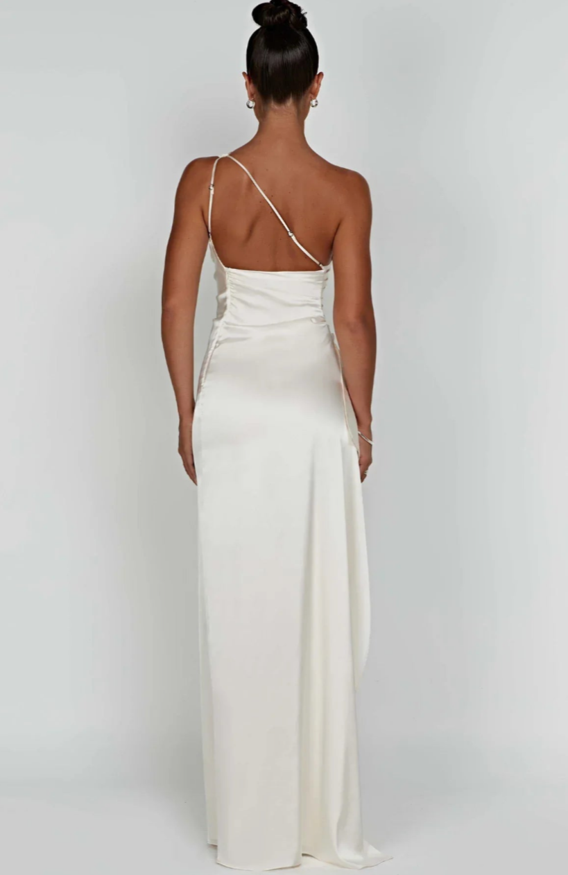 Eva | Geplooide Satijnen Dames Splitjurk met één schouder | Elegante Jurk Modehuis-Nederland