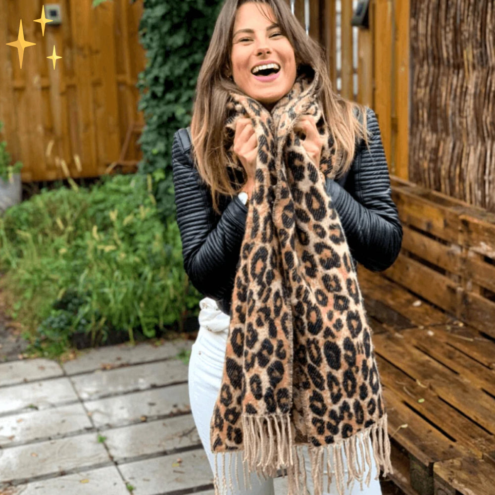 Megan Wollen Warme en Zachte Grote XL Sjaal met Leopard Print en Touwtjes Modehuis-Nederland