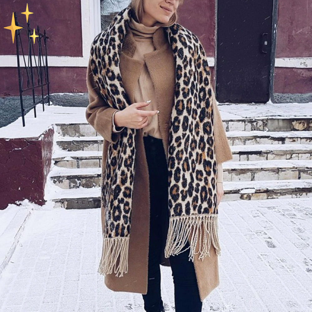 Megan Wollen Warme en Zachte Grote XL Sjaal met Leopard Print en Touwtjes Modehuis-Nederland