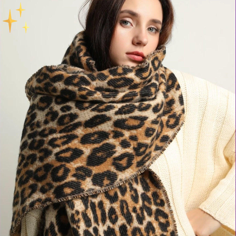 Megan Wollen Warme en Zachte Grote XL Sjaal met Leopard Print en Touwtjes Modehuis-Nederland