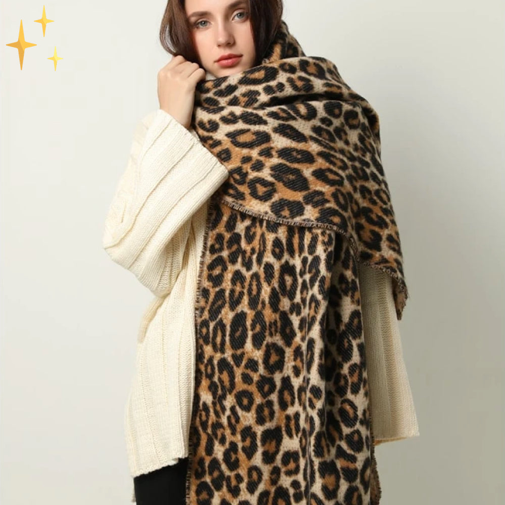 Megan Wollen Warme en Zachte Grote XL Sjaal met Leopard Print en Touwtjes Modehuis-Nederland