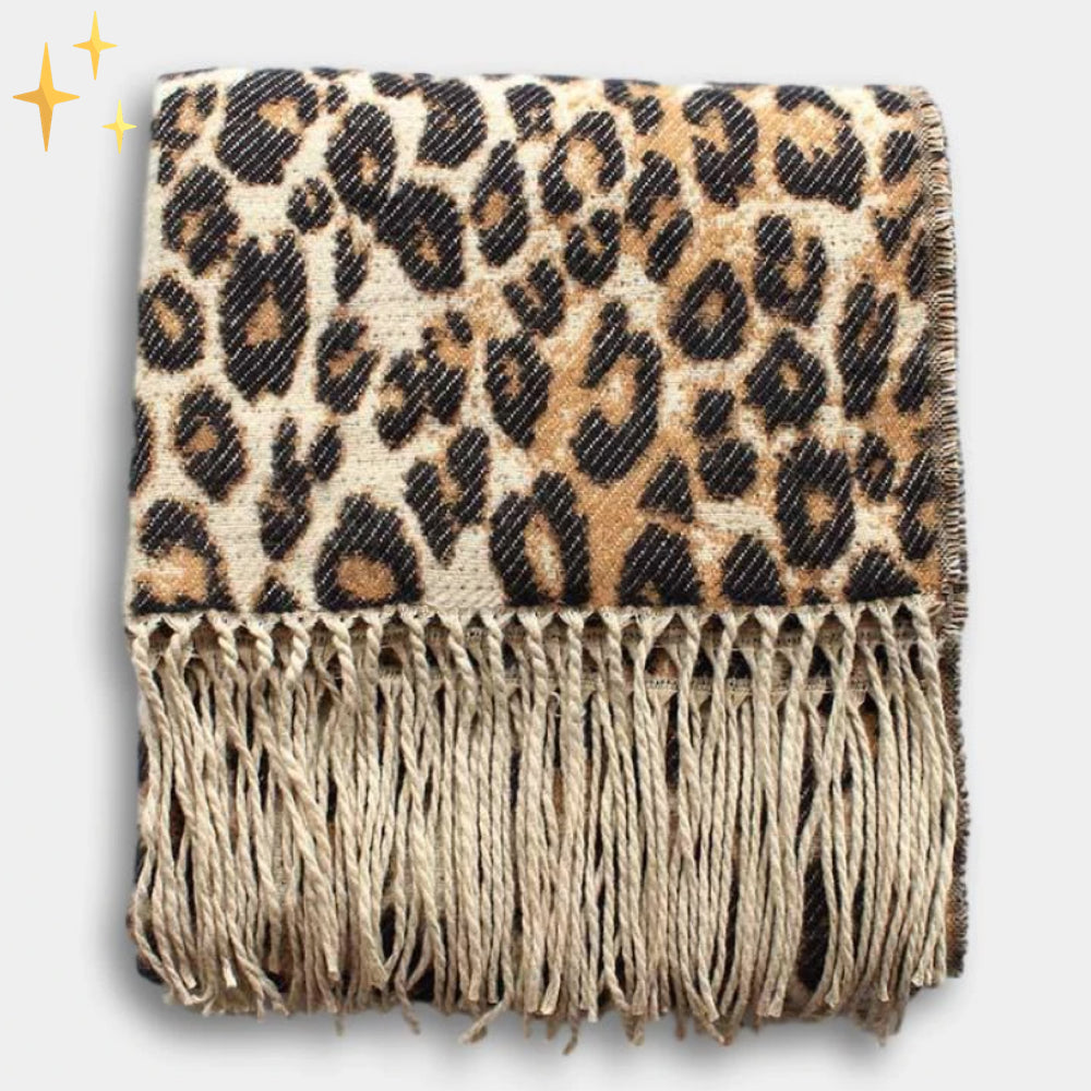 Megan Wollen Warme en Zachte Grote XL Sjaal met Leopard Print en Touwtjes Modehuis-Nederland