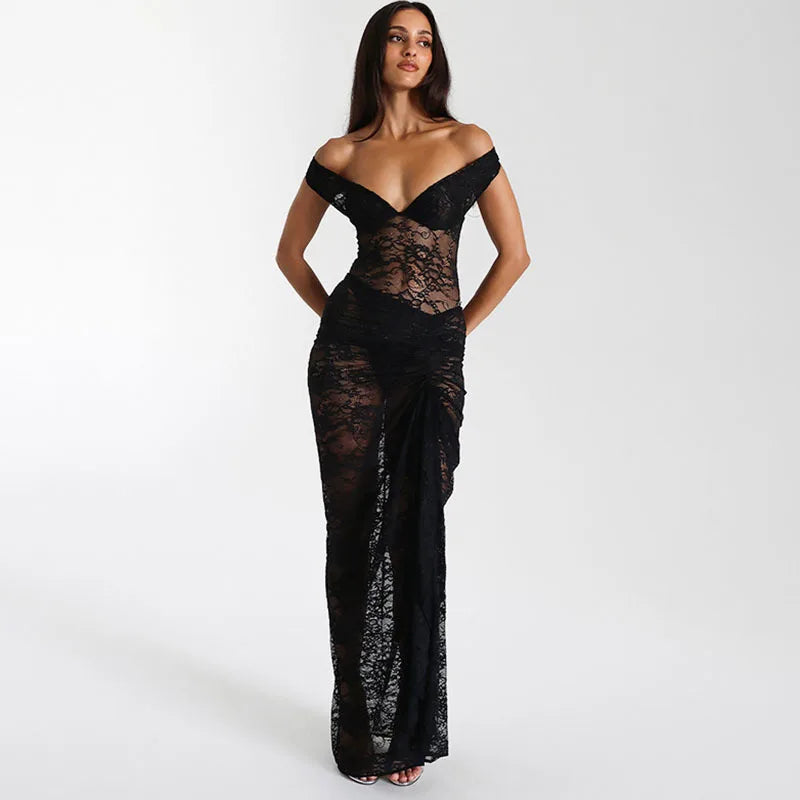 Dames avondjurk met off-shoulder halslijn en gevormde taille