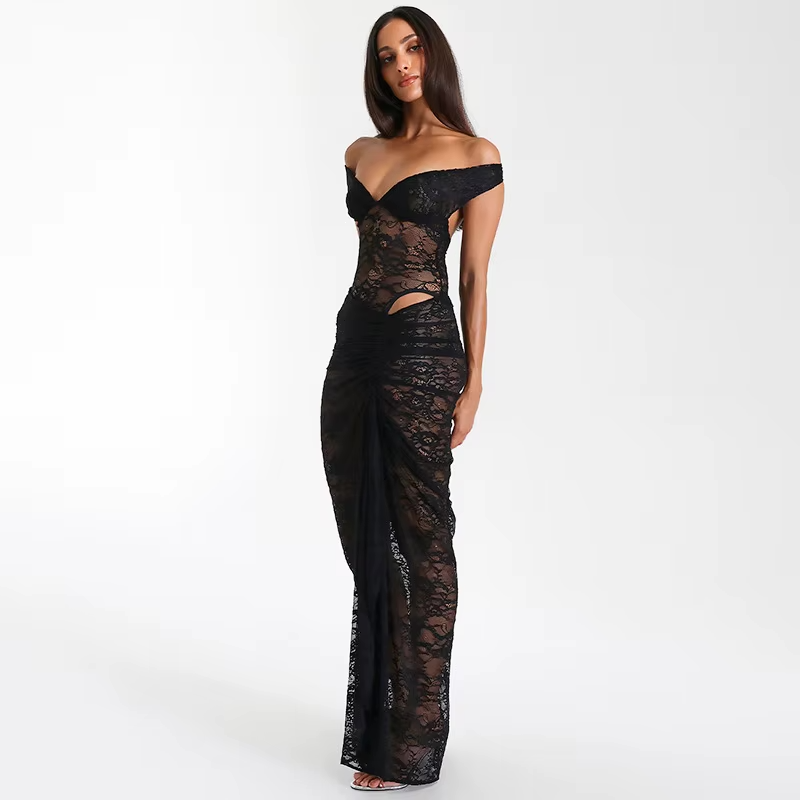 Dames avondjurk met off-shoulder halslijn en gevormde taille
