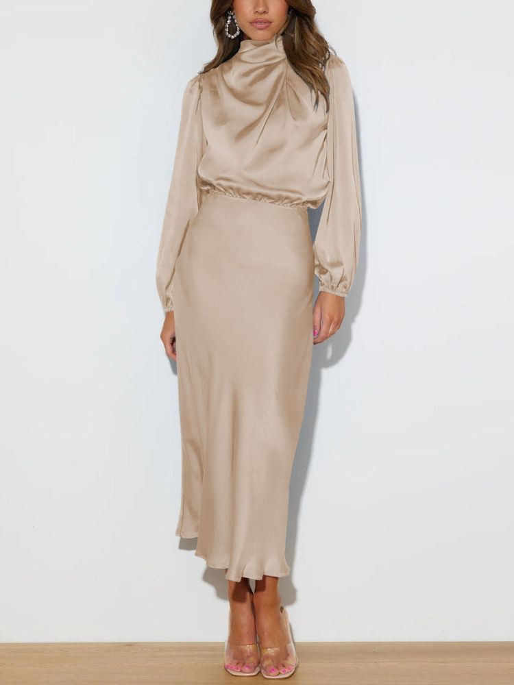 Dames elegante midi-jurk met lange mouwen en tailleaccent