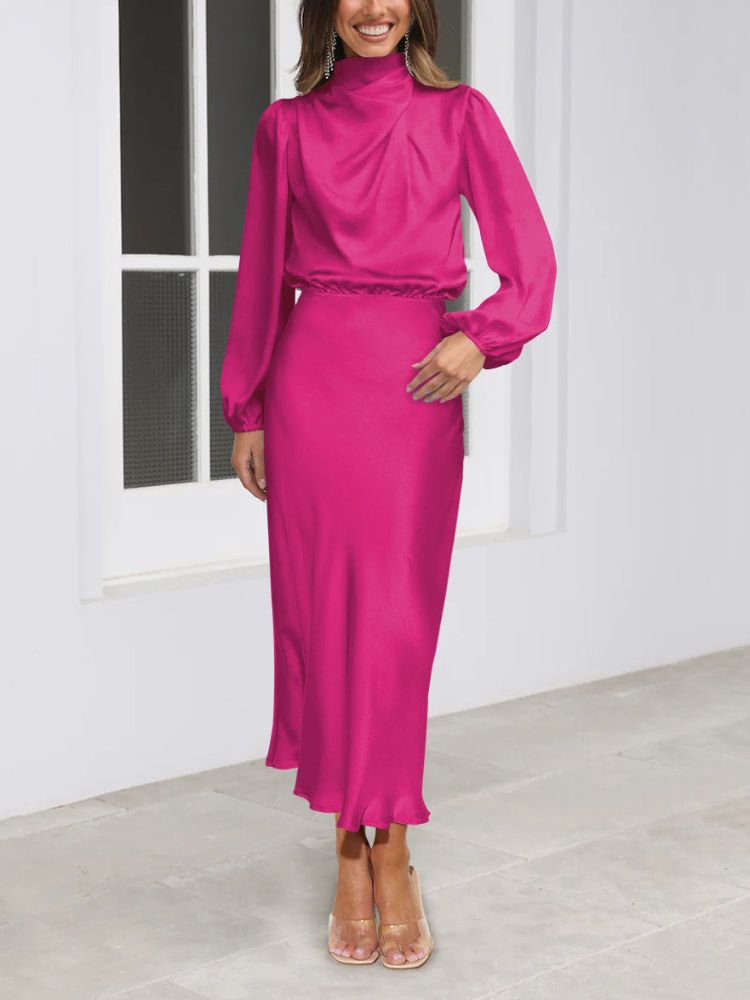 Dames elegante midi-jurk met lange mouwen en tailleaccent