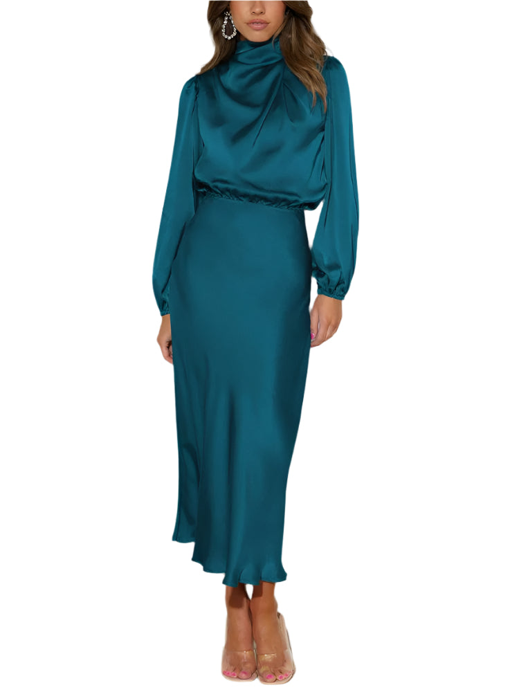 Dames elegante midi-jurk met lange mouwen en tailleaccent