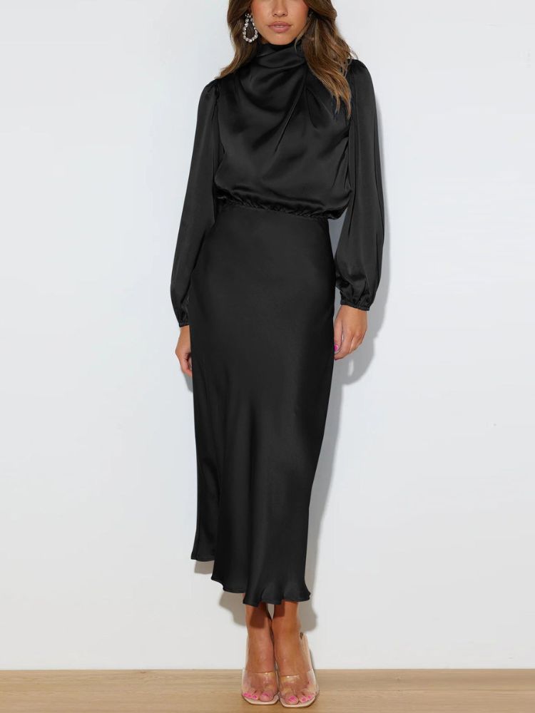 Dames elegante midi-jurk met lange mouwen en tailleaccent