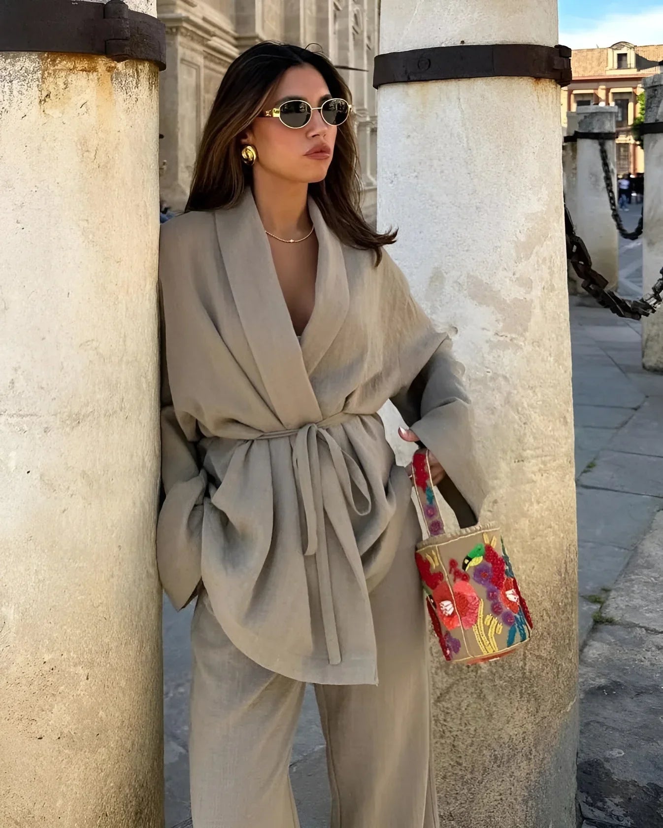 Dames kimono set met open jasje en rechte broek