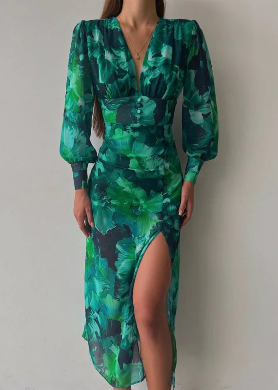 Women's Maxi Dress - Elegant Long Sleeve - Flowy Pleated Design - V-Neck Formal Wear Modehuis-Nederland
