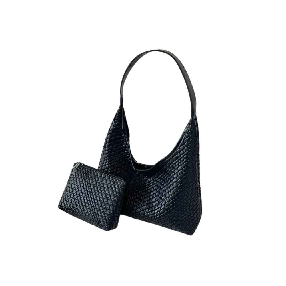 Dames schoudertas met gevlochten structuur en ronde pouch