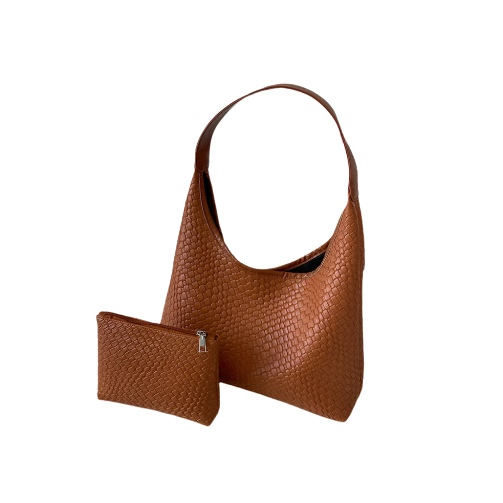 Dames schoudertas met gevlochten structuur en ronde pouch