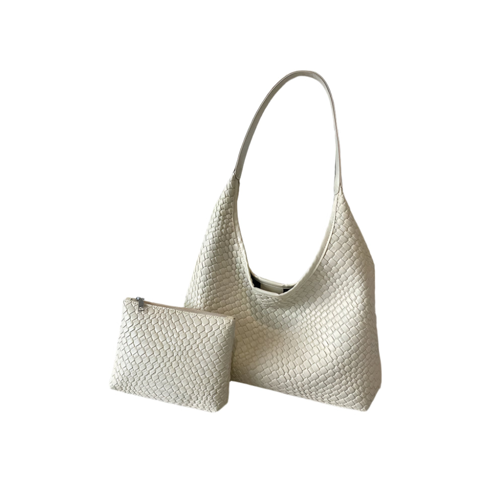 Dames schoudertas met gevlochten structuur en ronde pouch