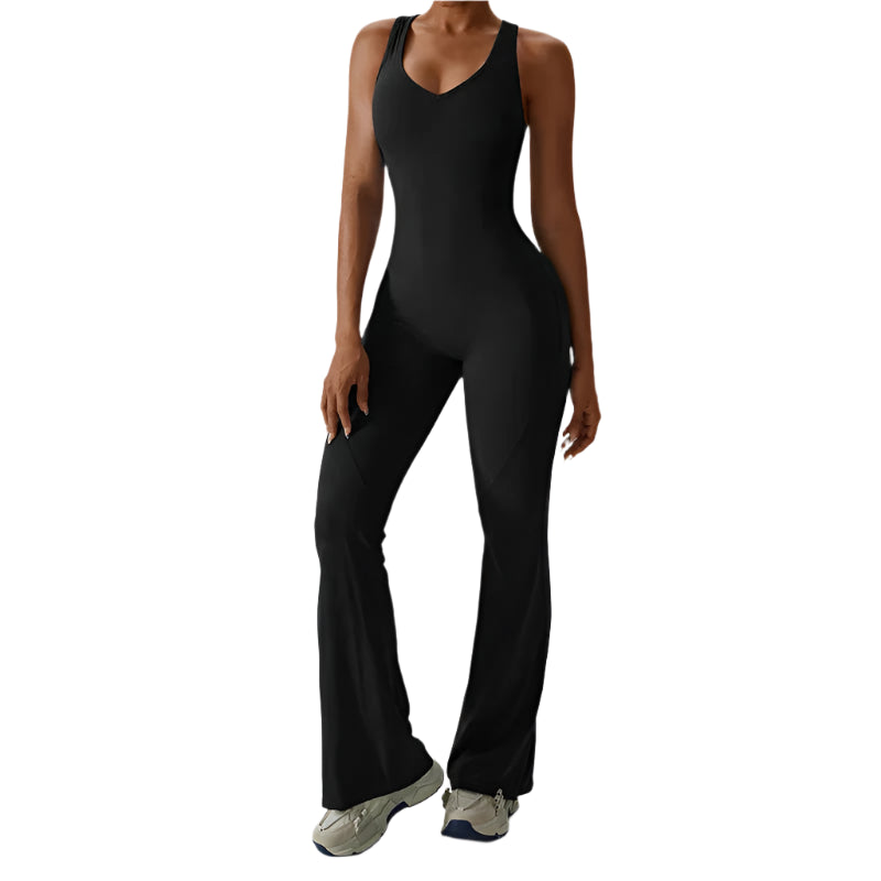 Dames sportjumpsuit met open rug en liftend silhouet