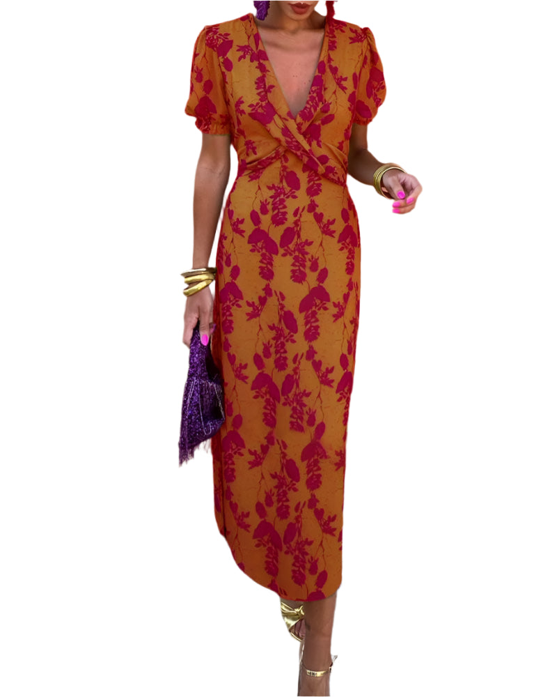 Dames wikkeljurk met bloemenprint en pofmouwen