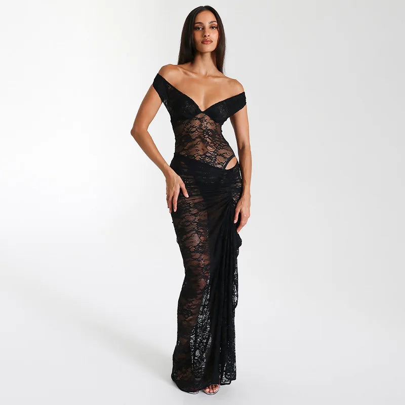 Ellen | Luxe off-shoulder kanten avondjurk met drapering Modehuis-Nederland