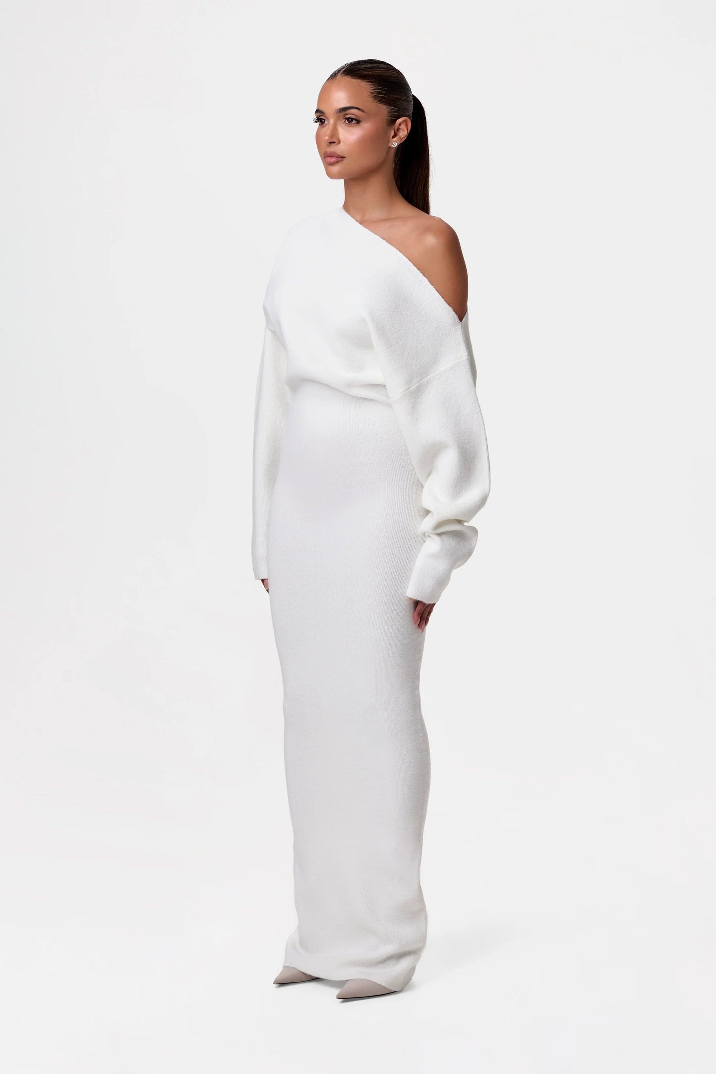 Off-shoulder gebreide maxi jurk met stretch – Elenya Modehuis-Nederland