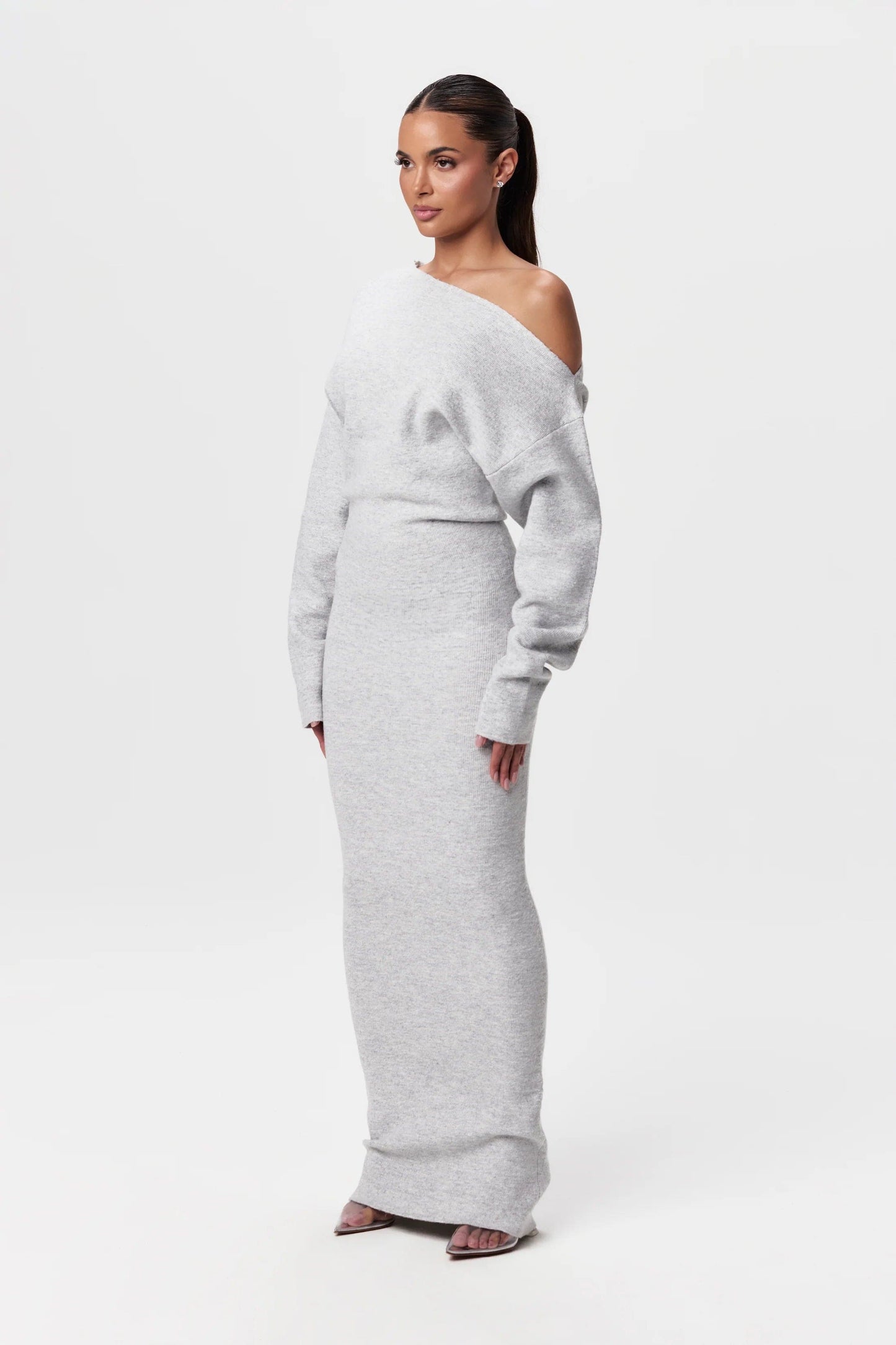 Off-shoulder gebreide maxi jurk met stretch – Elenya Modehuis-Nederland