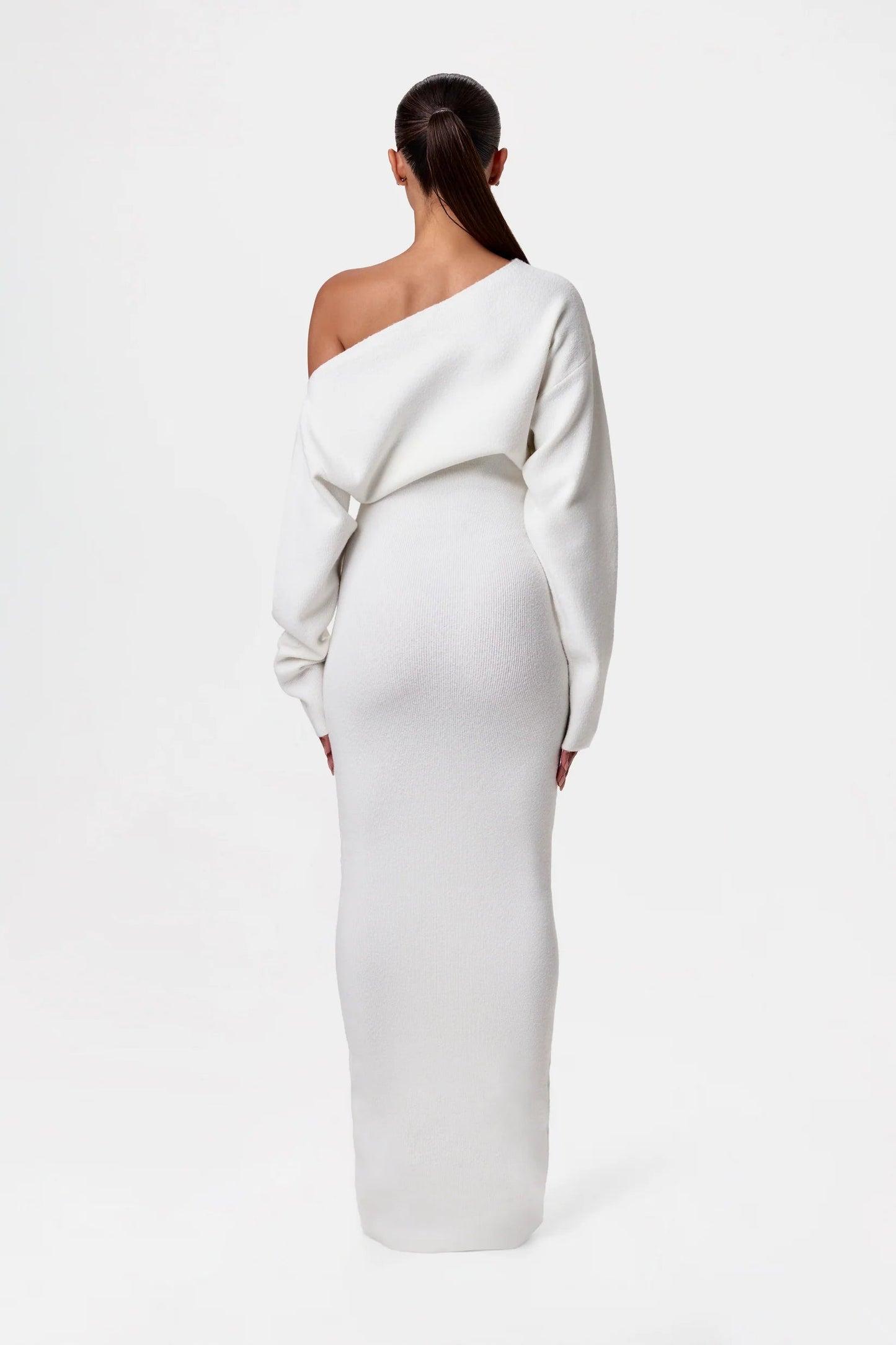 Off-shoulder gebreide maxi jurk met stretch – Elenya Modehuis-Nederland