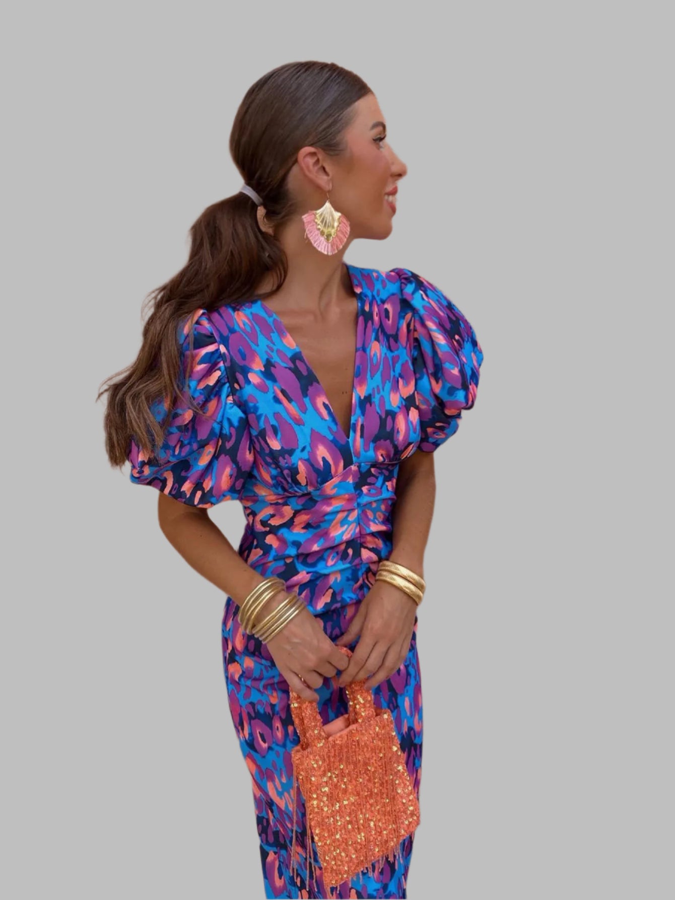 Iris | Gekleurde jurk met geplooide mouwen Modehuis-Nederland