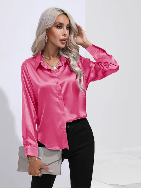 Women's Satin Button-Up Blouse - Long Sleeve Relaxed Fit - Classic Collar Elegant Dress Shirt Modehuis-Nederland