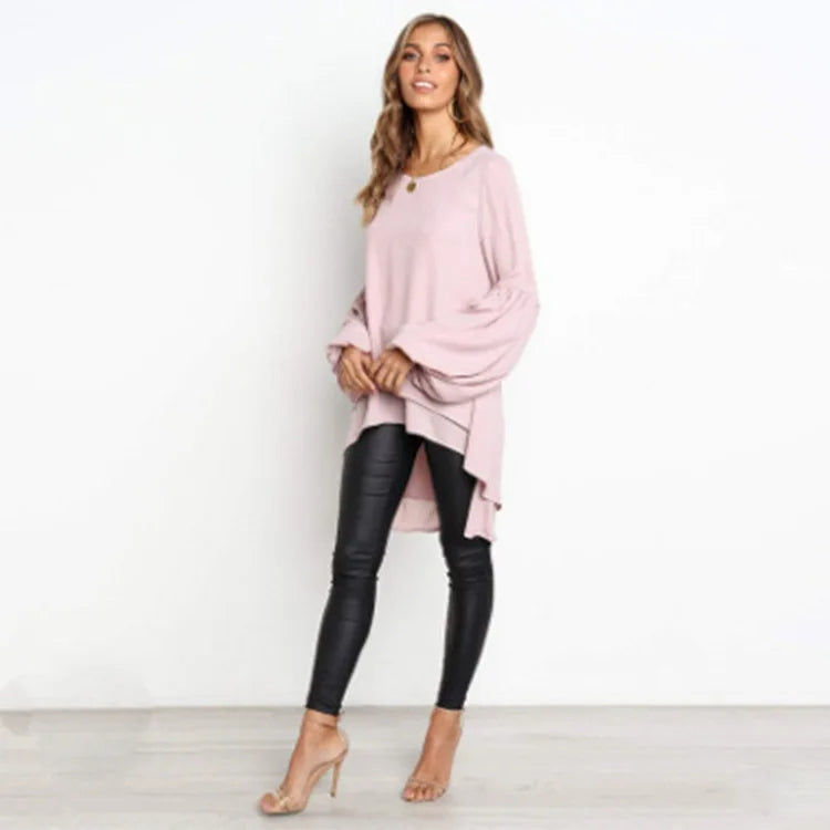 BIRDIE - Asymmetrical Lantern Sleeve Round Neck Blouse Modehuis-Nederland