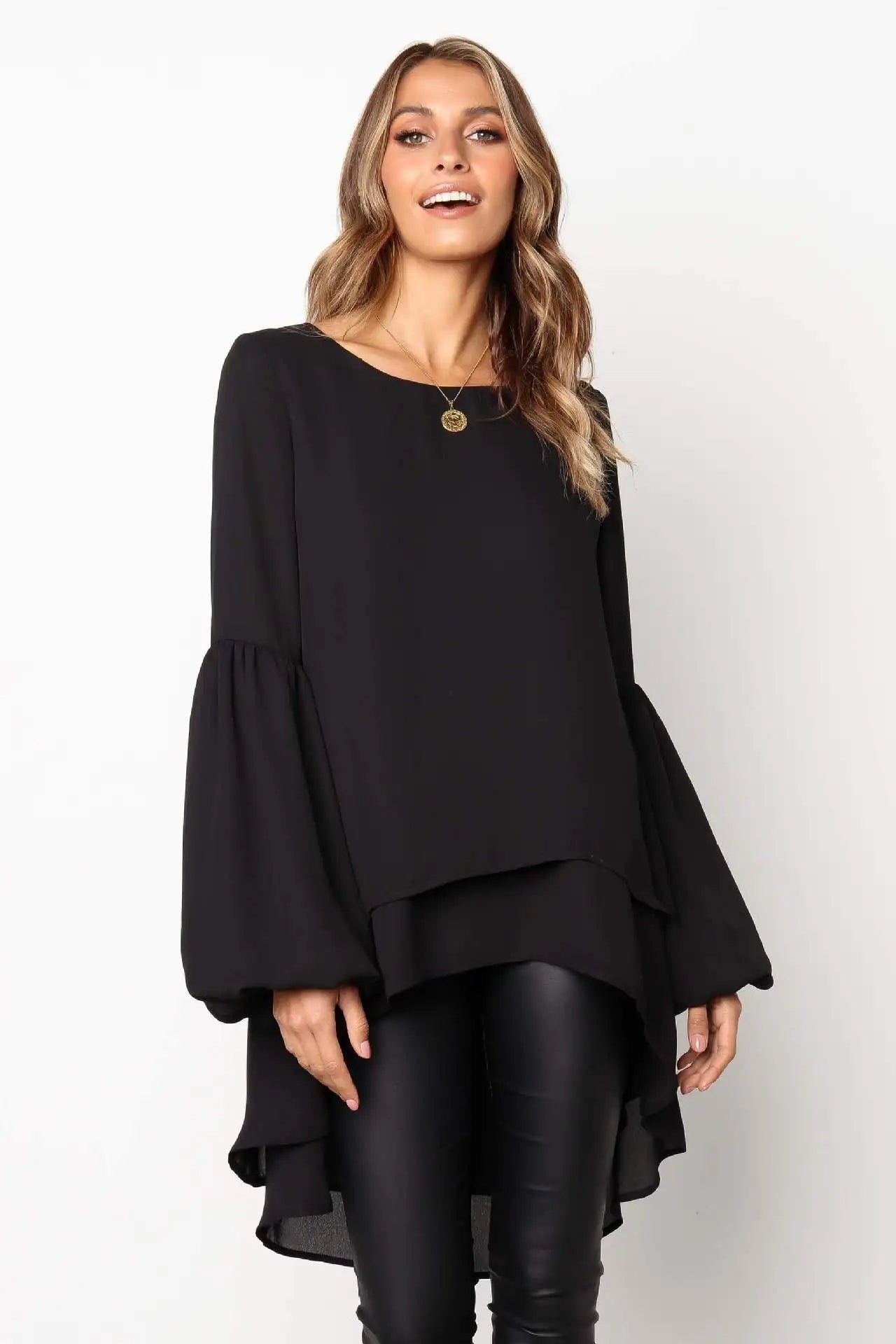 BIRDIE - Asymmetrical Lantern Sleeve Round Neck Blouse Modehuis-Nederland