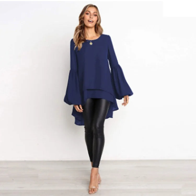 BIRDIE - Asymmetrical Lantern Sleeve Round Neck Blouse Modehuis-Nederland