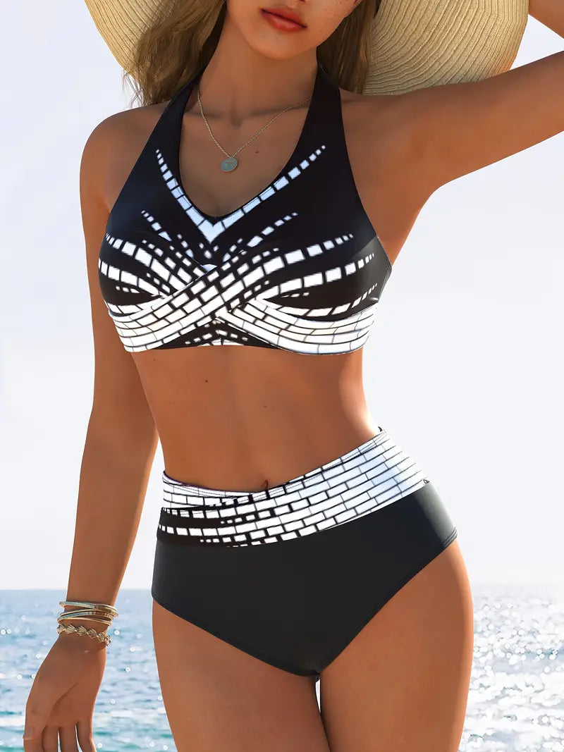 Bikini dames geometrisch hoog getailleerd zwart elegant – Livia Modehuis-Nederland
