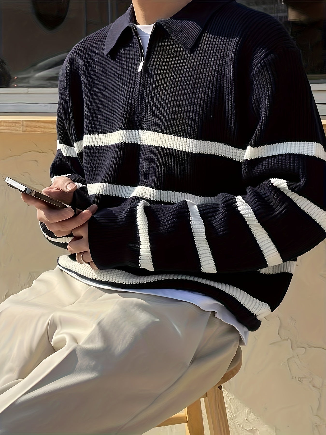 Armando - Half-zip BW Striped Sweater Modehuis-Nederland