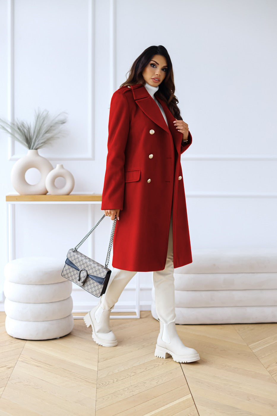 Wool-look Coat - Women's Classic Double Breasted Long Winter Coat Modehuis-Nederland