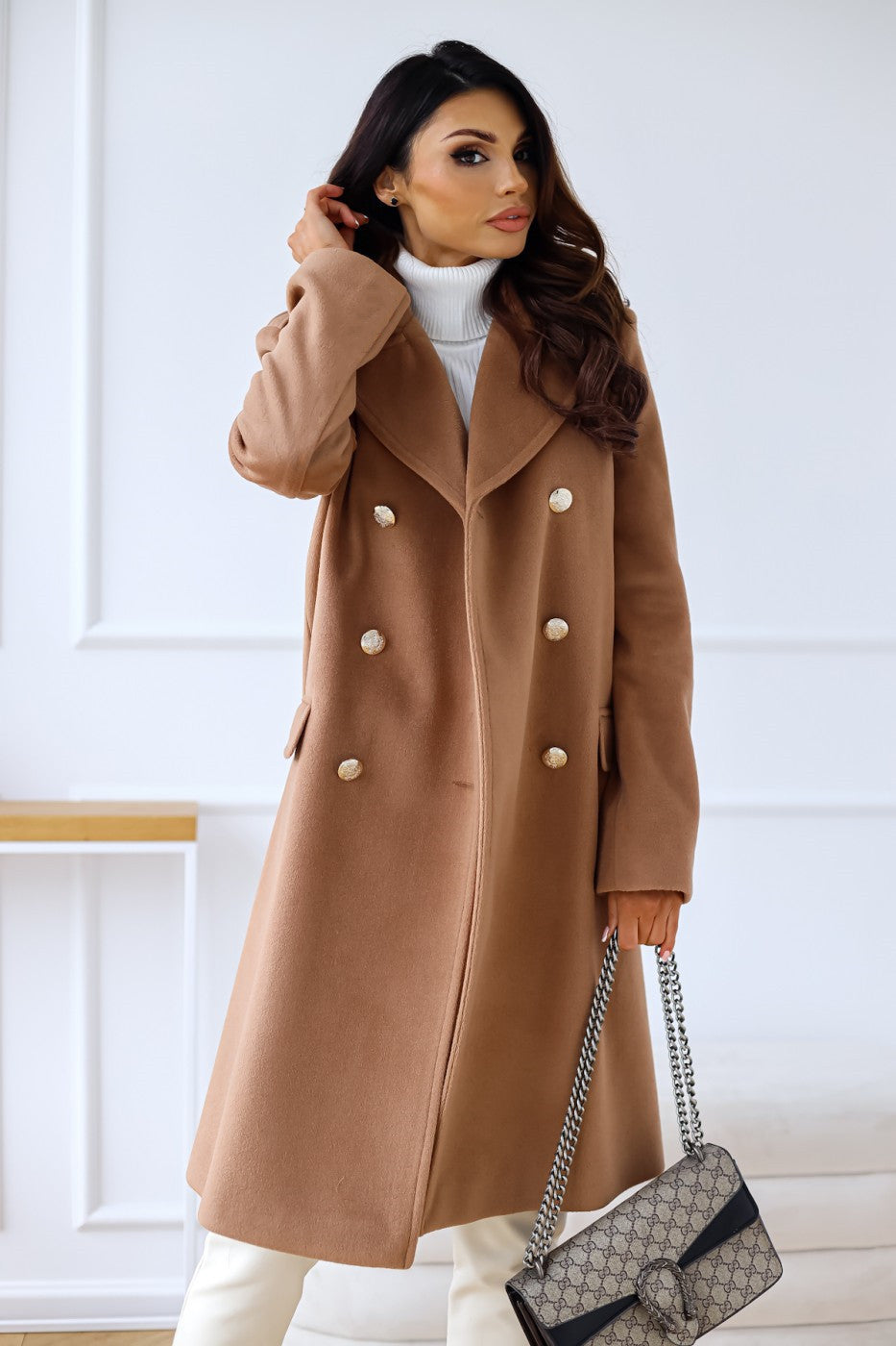 Wool-look Coat - Women's Classic Double Breasted Long Winter Coat Modehuis-Nederland