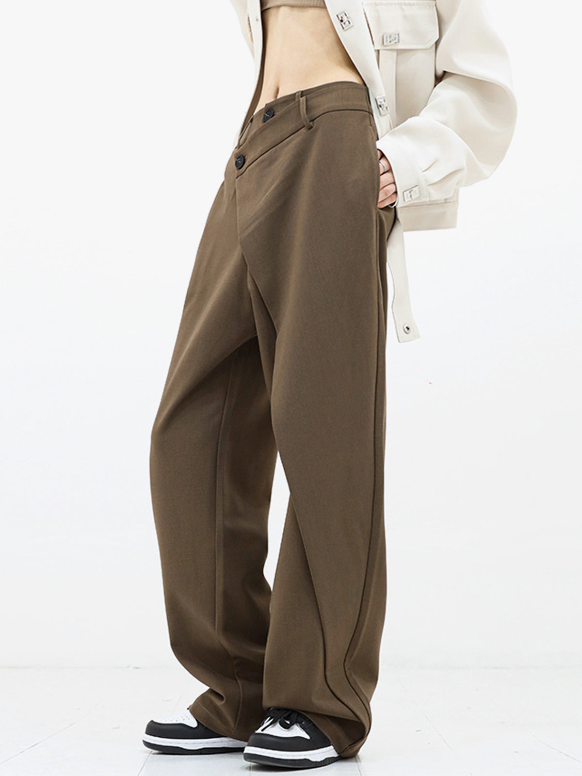 Asymmetrical Layer Button Wide Leg Dress Pants Modehuis-Nederland
