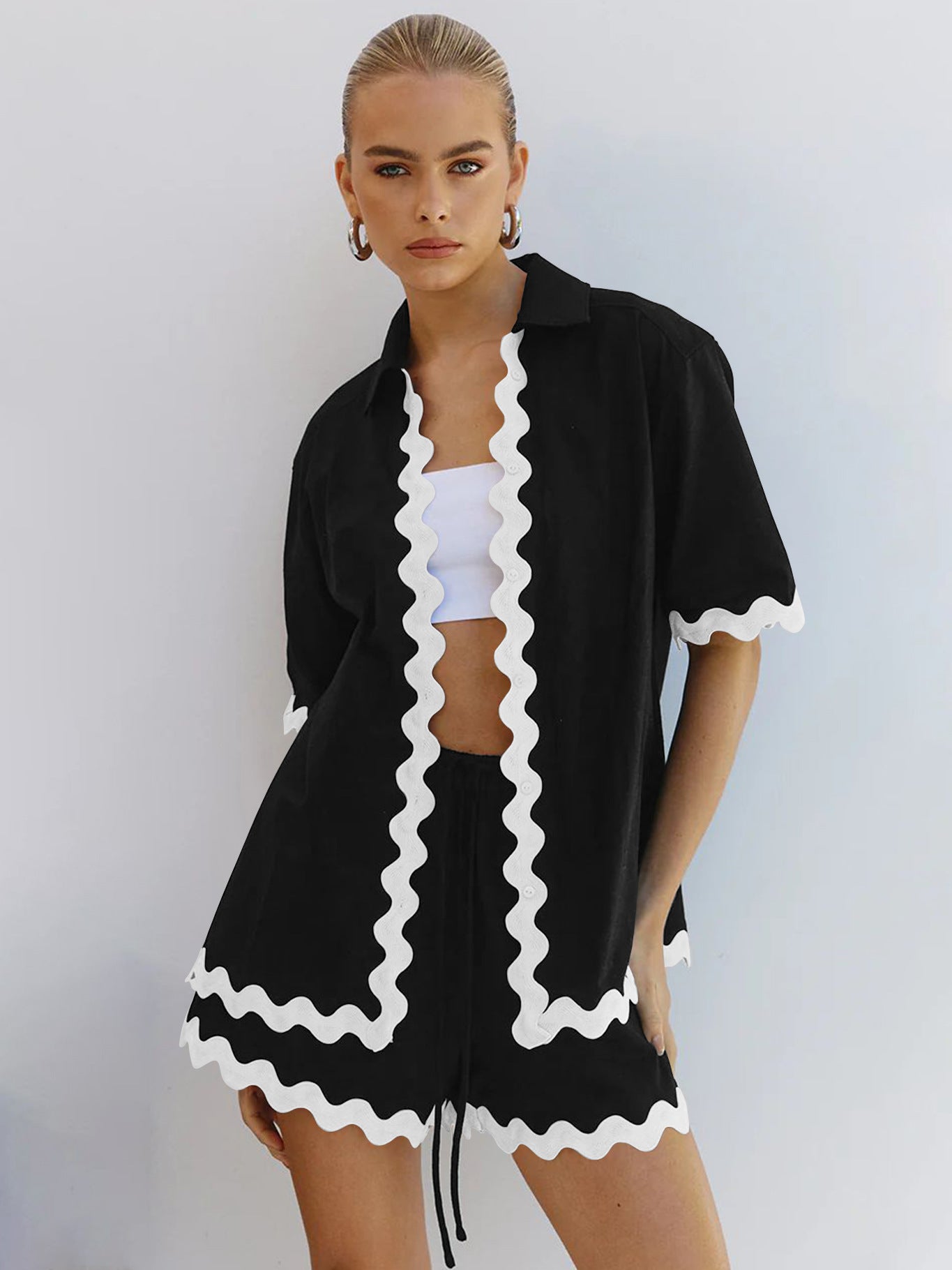 Dames tweedelige casual set met ruffle blouse en losse broek