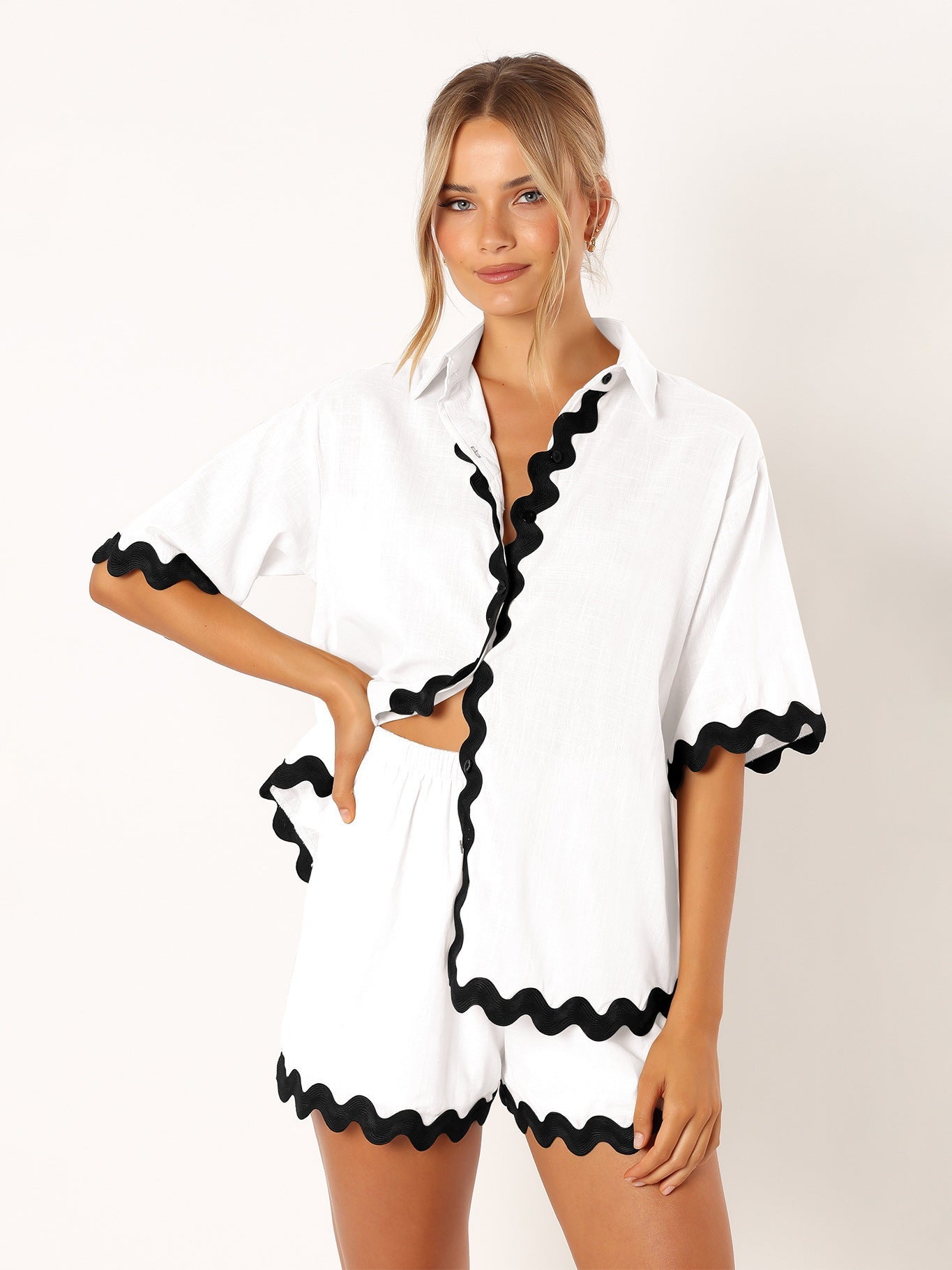 Dames tweedelige casual set met ruffle blouse en losse broek
