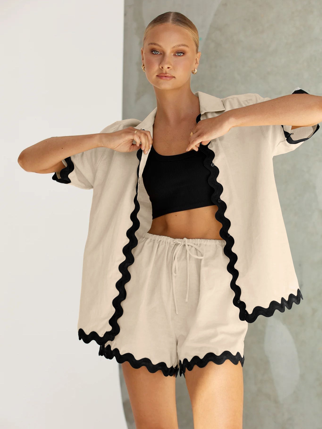 Dames tweedelige casual set met ruffle blouse en losse broek