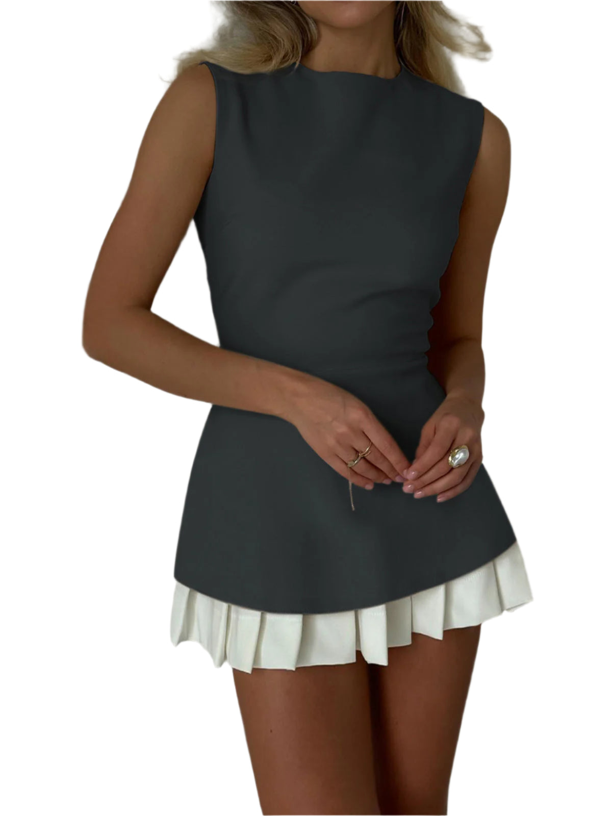 Two-Tone Sleeveless Pleated Short Dress Modehuis-Nederland