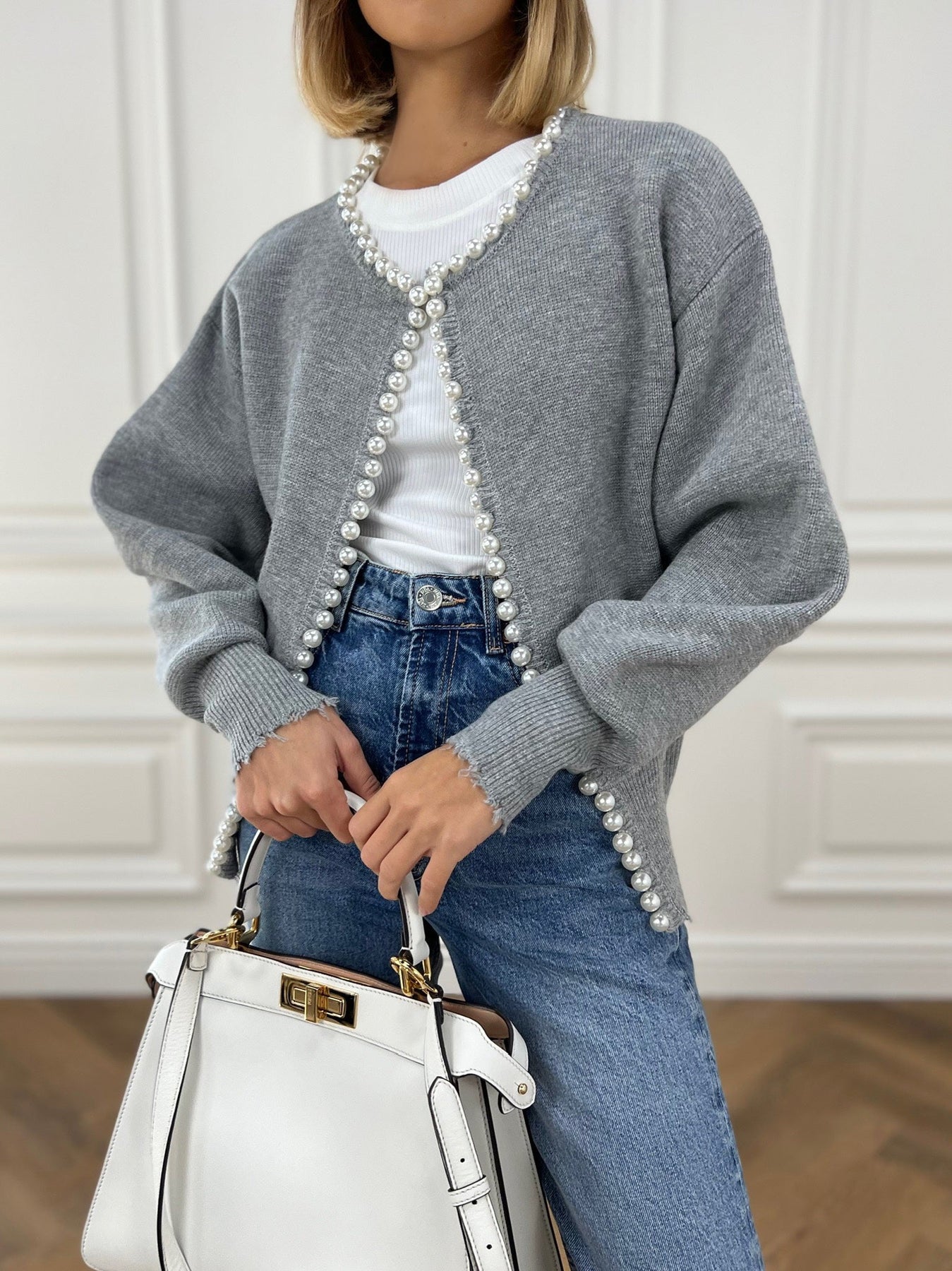 Pearl Trim Ripped Hem Cardigan Modehuis-Nederland