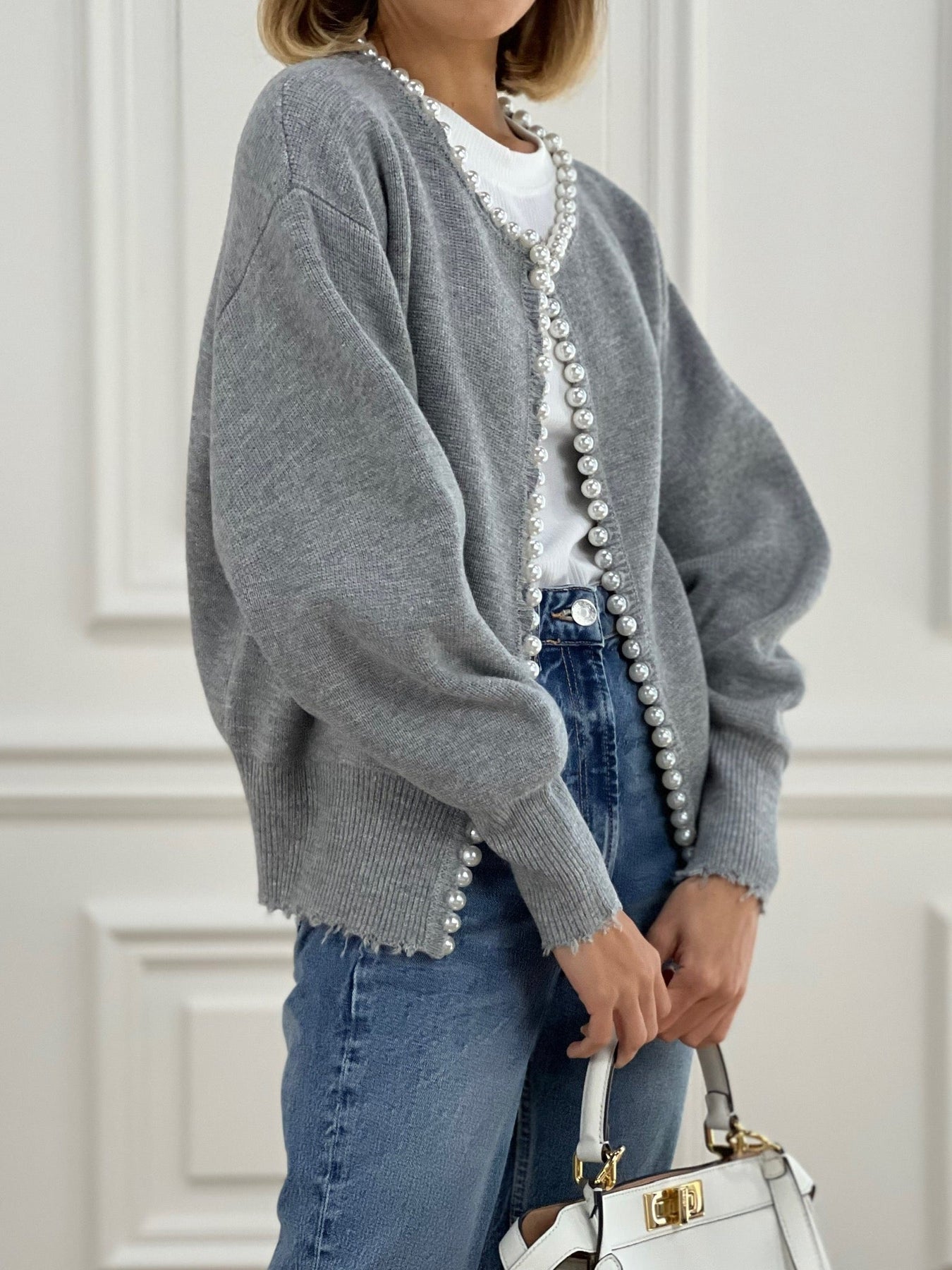 Pearl Trim Ripped Hem Cardigan Modehuis-Nederland