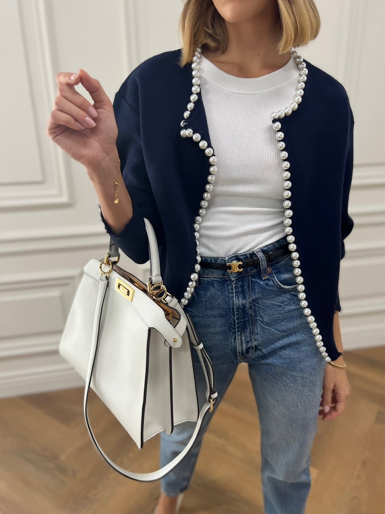 Pearl Trim Ripped Hem Cardigan Modehuis-Nederland