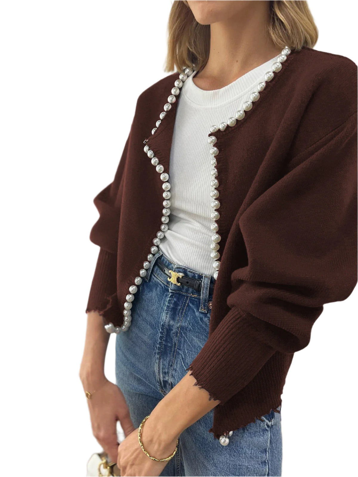 Pearl Trim Ripped Hem Cardigan Modehuis-Nederland