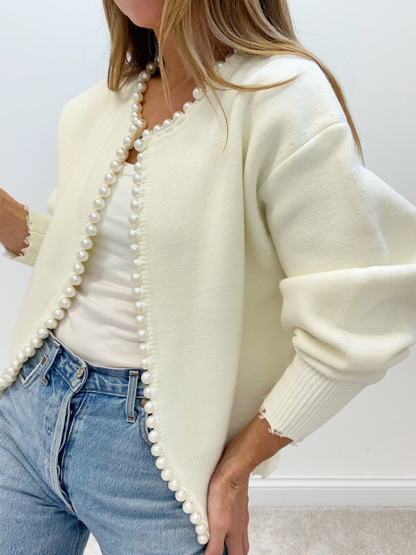 Pearl Trim Ripped Hem Cardigan Modehuis-Nederland