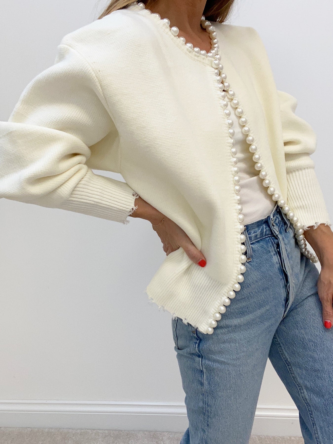 Pearl Trim Ripped Hem Cardigan Modehuis-Nederland