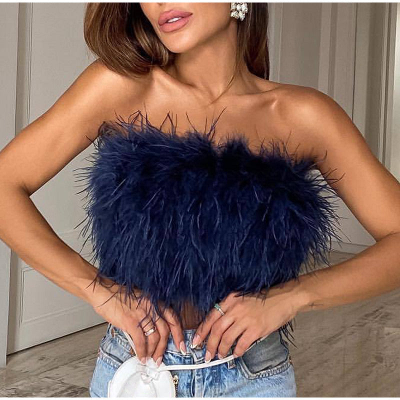 AMBER - Strapless Top With Imitation Feathers Modehuis-Nederland